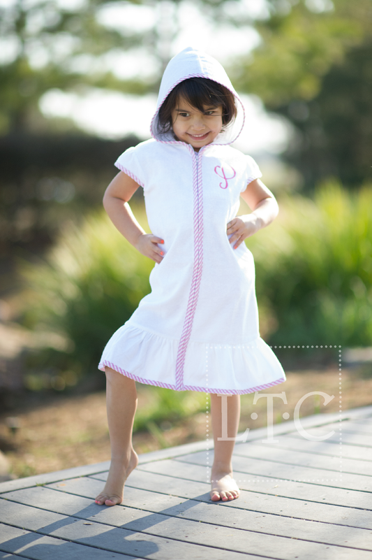 Girls Terry Cover Up -  Pink Seersucker Trim